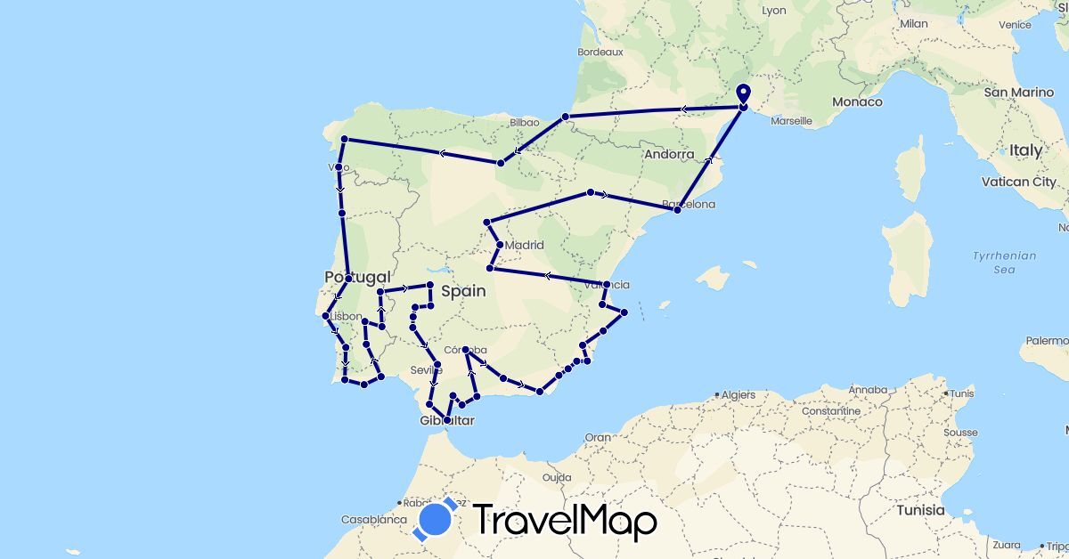 TravelMap itinerary: driving in Spain, France, Gibraltar, Portugal (Europe)